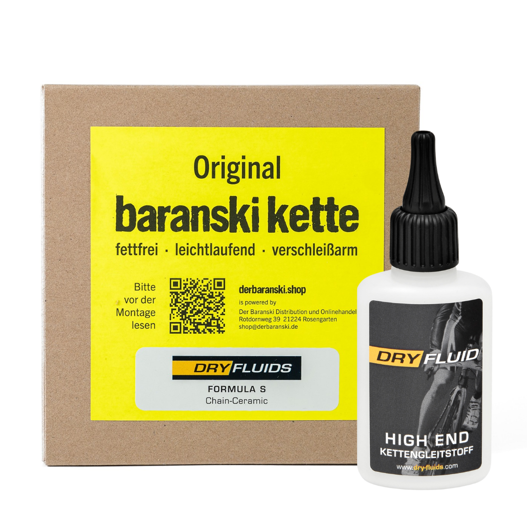 Gewachste Kette mit Dry Fluid Heißwachs Formula S Chain-Ceramic und 50 ml alkoholbasiertem Nachschmiermittel, exklusiv erhältlich im derbaranski.shop.
