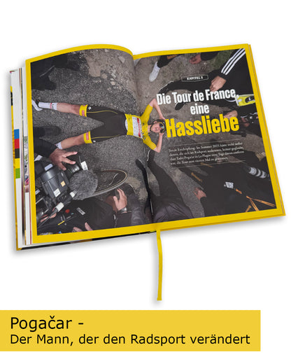 Blick in die illustrierte Pogačar-Biografie mit Fotos und Geschichten aus dem Radsport