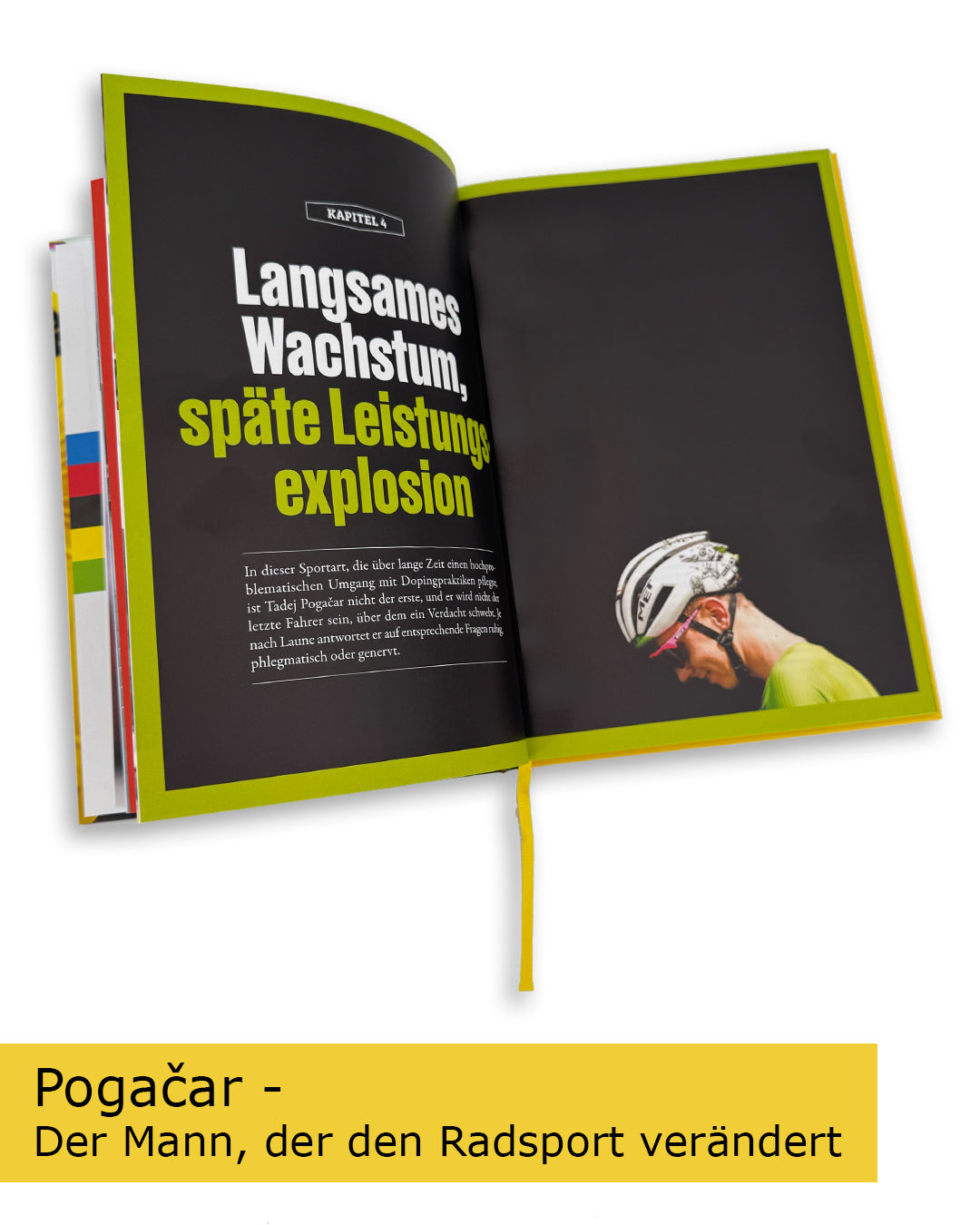 Blick in die illustrierte Pogačar-Biografie mit Fotos und Geschichten aus dem Radsport