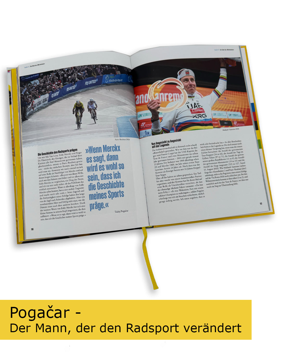 Blick in die illustrierte Pogačar-Biografie mit Fotos und Geschichten aus dem Radsport